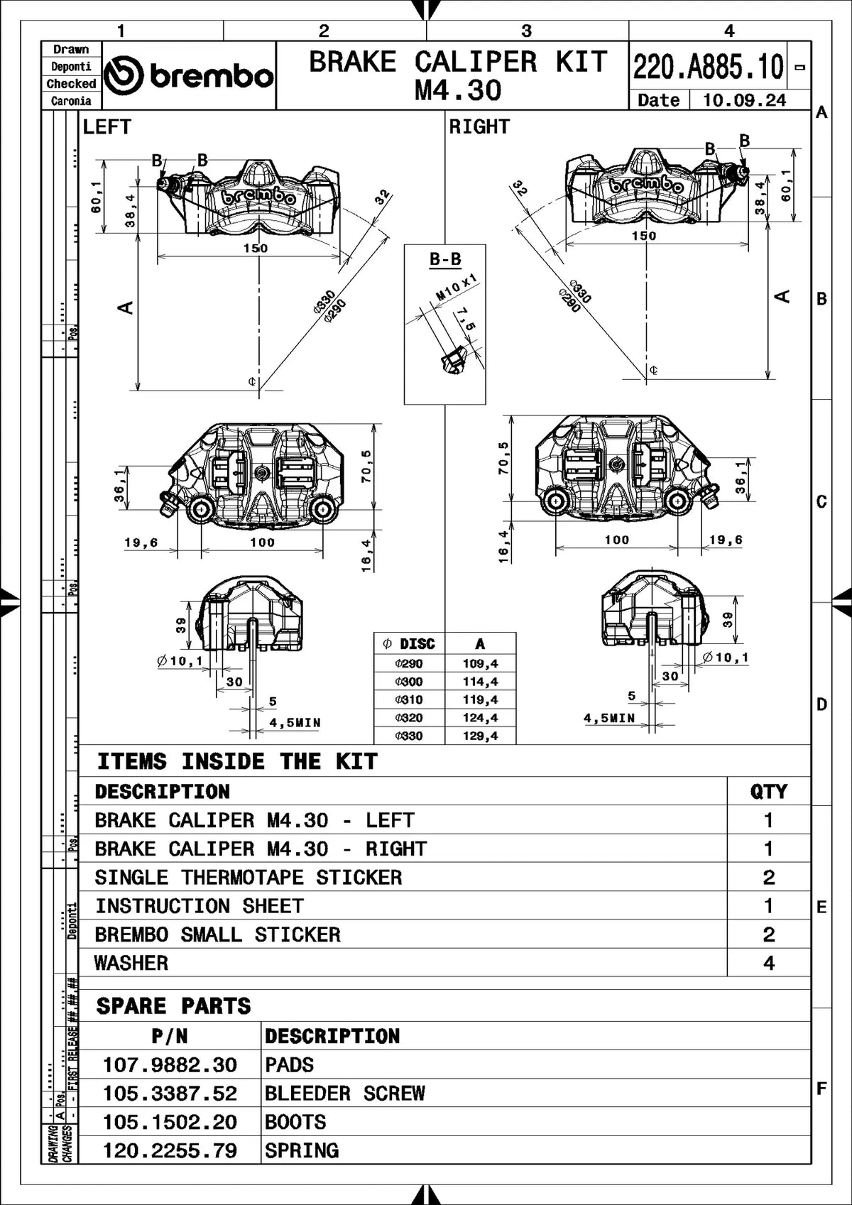 Brembo 220A88510 technical drawing - left and right calipers, dimensions and kit contents