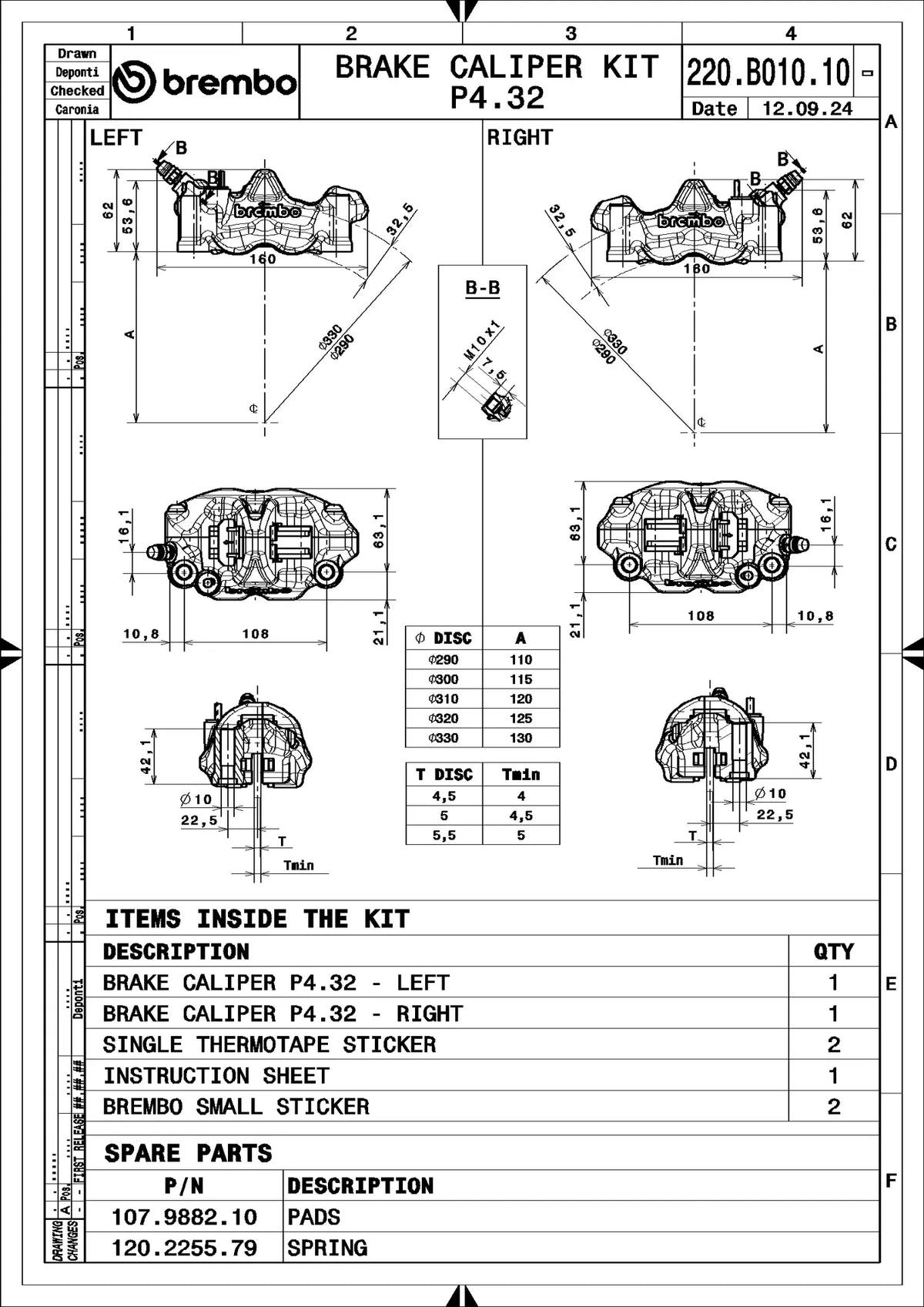 Brembo 220B01010 technical drawing - left and right calipers, dimensions and kit contents