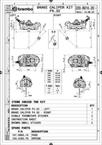 Brembo 220B01020 technical drawing - left and right calipers, dimensions and kit contents