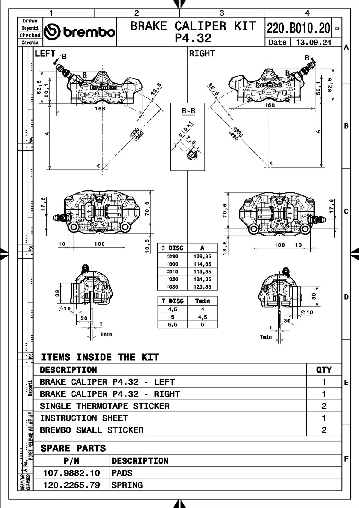 Brembo 220B01020 technical drawing - left and right calipers, dimensions and kit contents