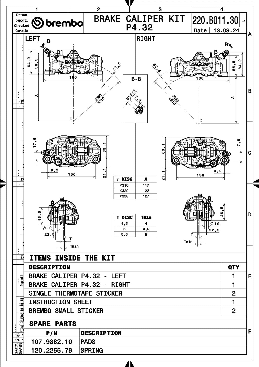 Brembo 220B01130 technical drawing - left and right calipers, dimensions and kit contents