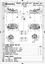 Brembo 220B01130 technical drawing - left and right calipers, dimensions and kit contents