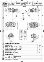 Brembo 220B47310 technical drawing - left and right calipers, dimensions and kit contents