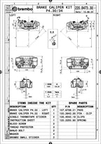 Brembo 220B47330 technical drawing - left and right calipers, dimensions and kit contents