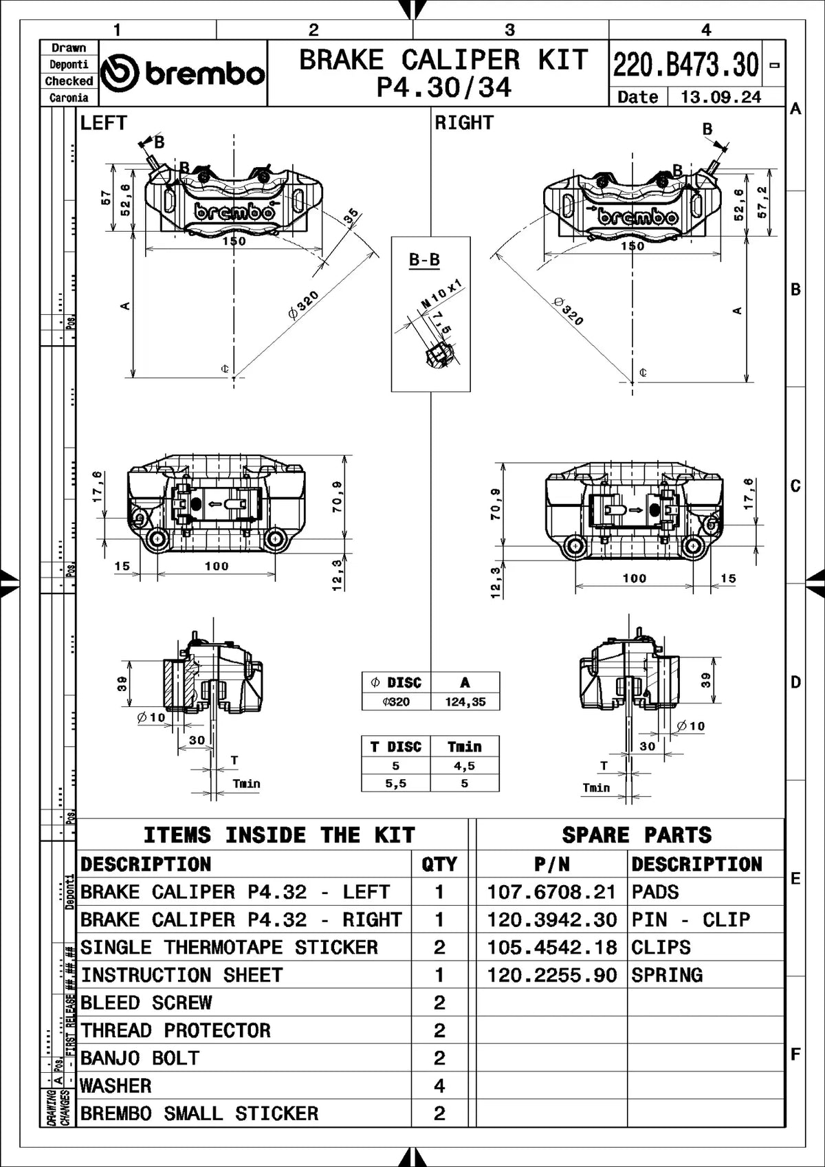 Brembo 220B47330 technical drawing - left and right calipers, dimensions and kit contents
