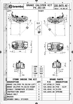 Brembo 220B47340 technical drawing - left and right calipers, dimensions and kit contents