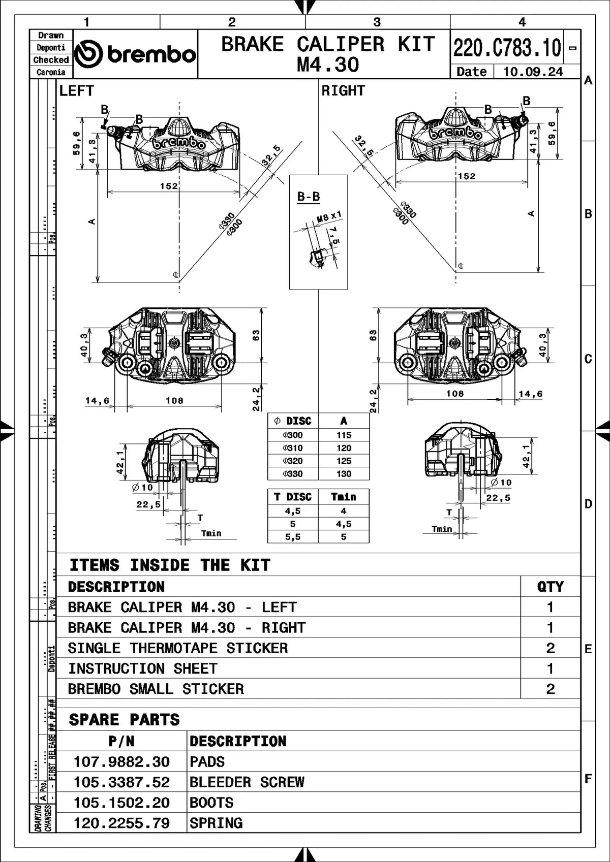 Brembo 220C78310 technical drawing - left and right calipers, dimensions and kit contents