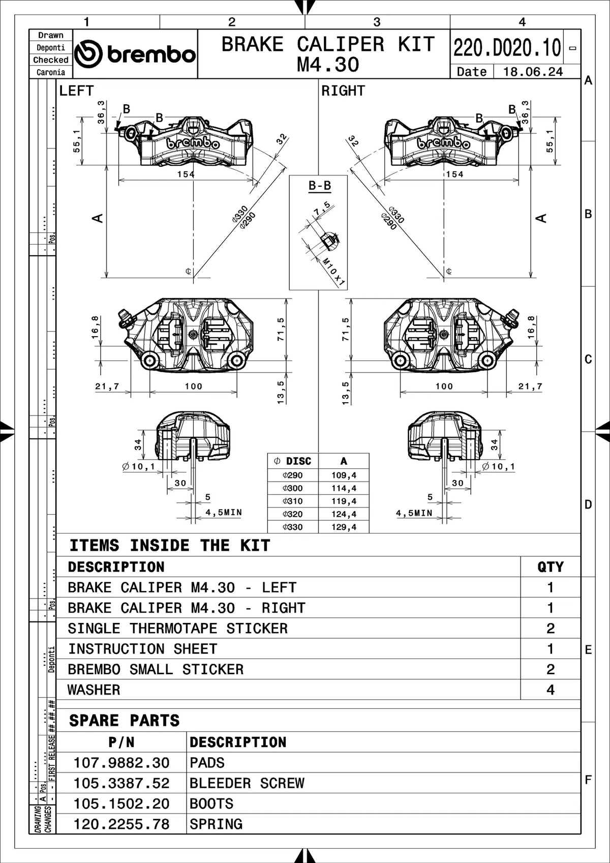 Brembo 220D02010 technical drawing - left and right calipers, dimensions and kit contents