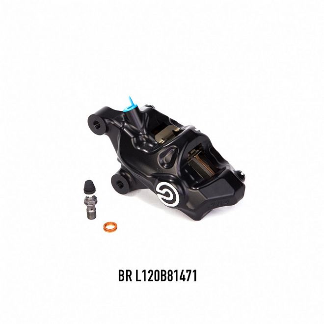 Brembo 484 Logopuro 120B81471 upper angle showing pad area and pictured hardware