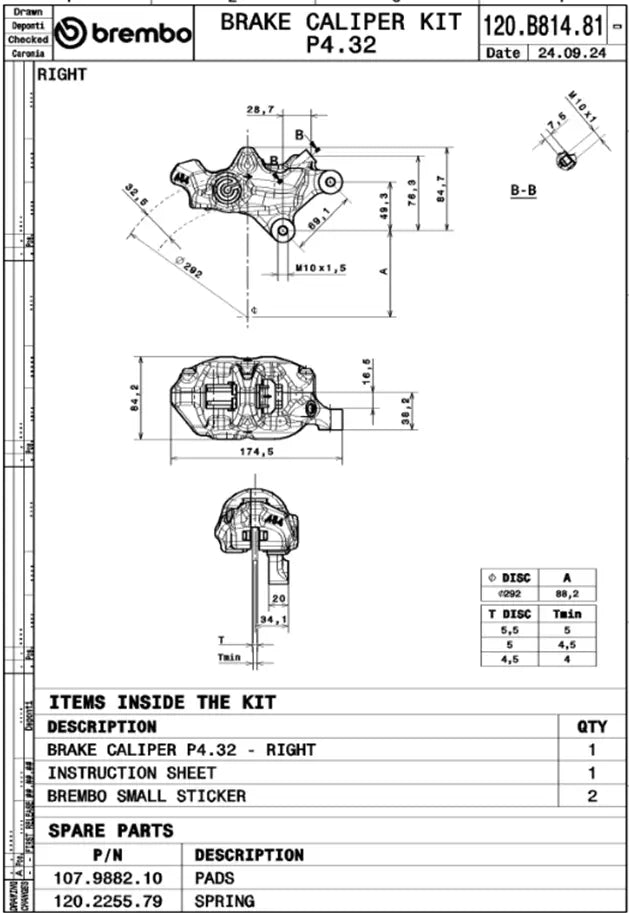 Brembo 120B81481 right caliper technical drawing and dimensions
