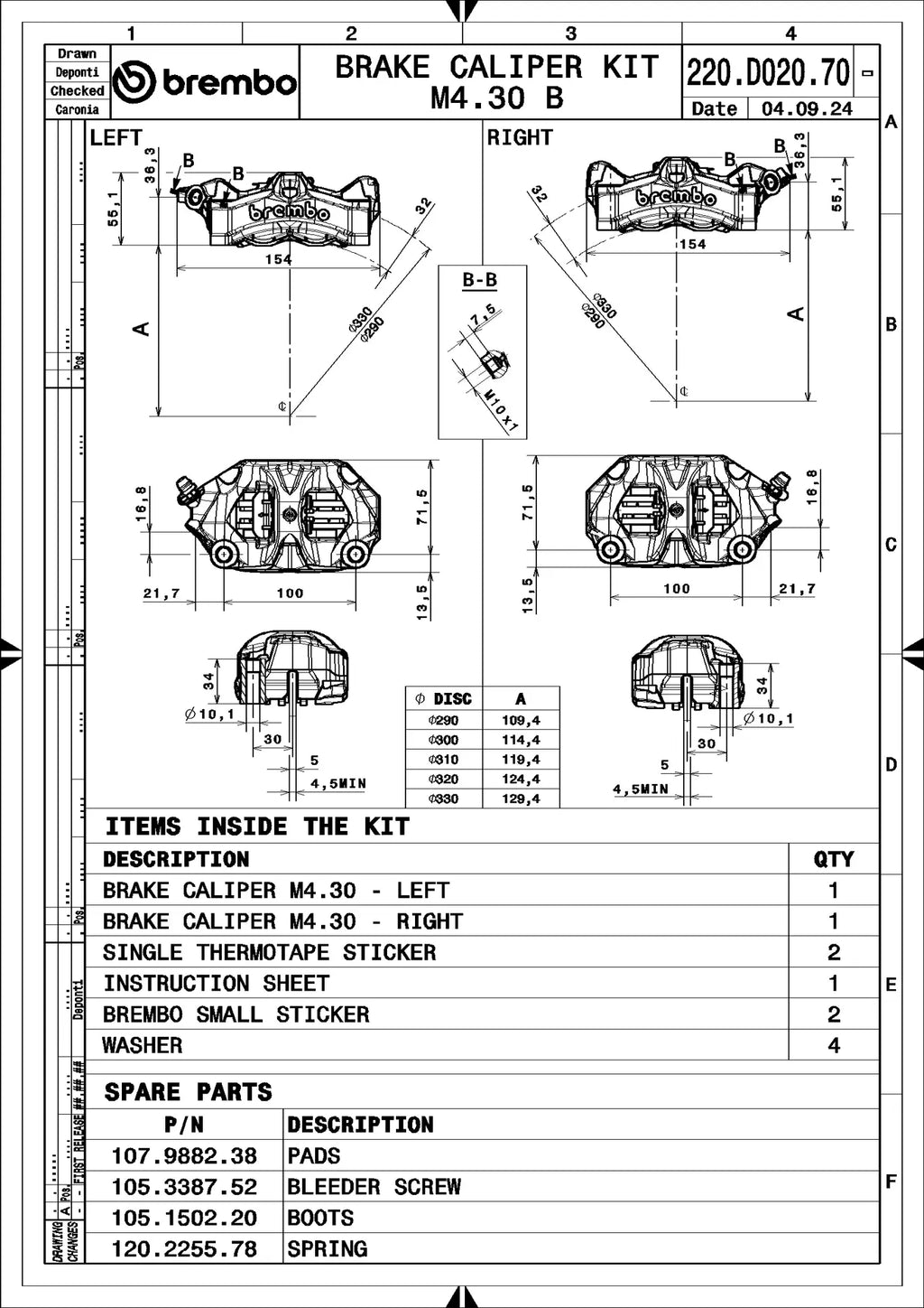 Brembo Stylema 220D02070 Black Left & Right — technical dimensions and specifications