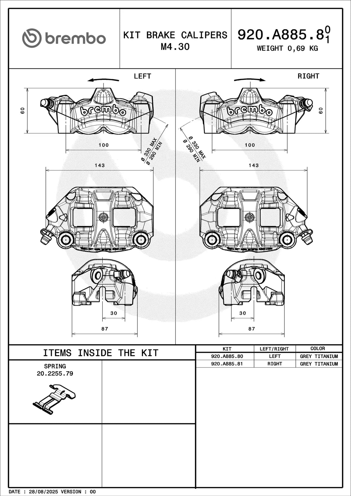 Brembo M50 920A88581 Titanium Grey Right — technical dimensions and specifications