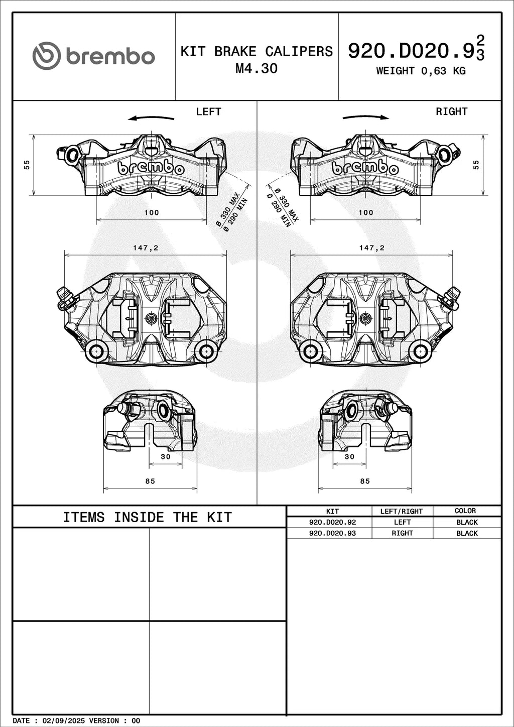 Brembo Stylema 920D02092 Black Left — technical dimensions and specifications